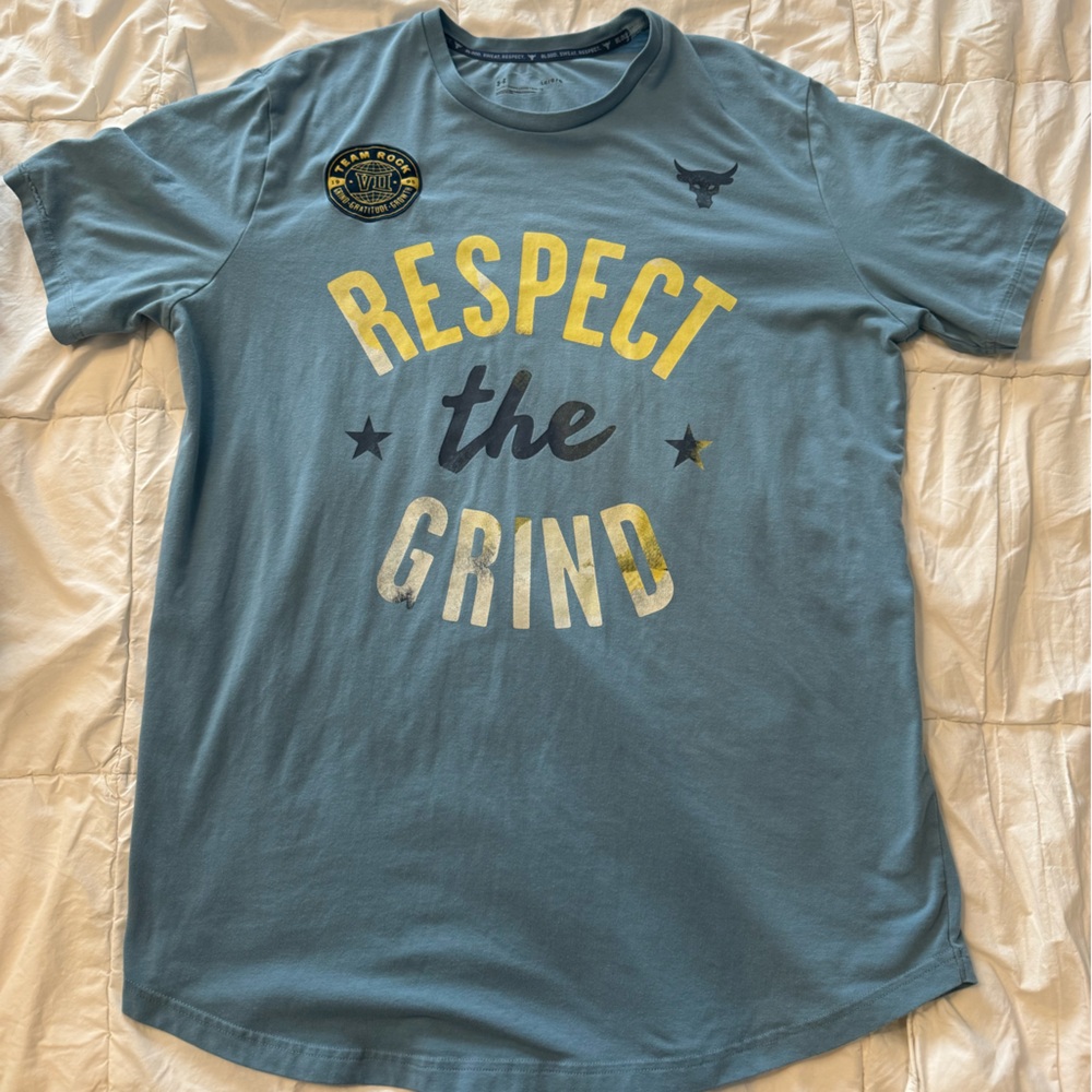 Blue Graphic T-Shirt with Yellow and Black Text